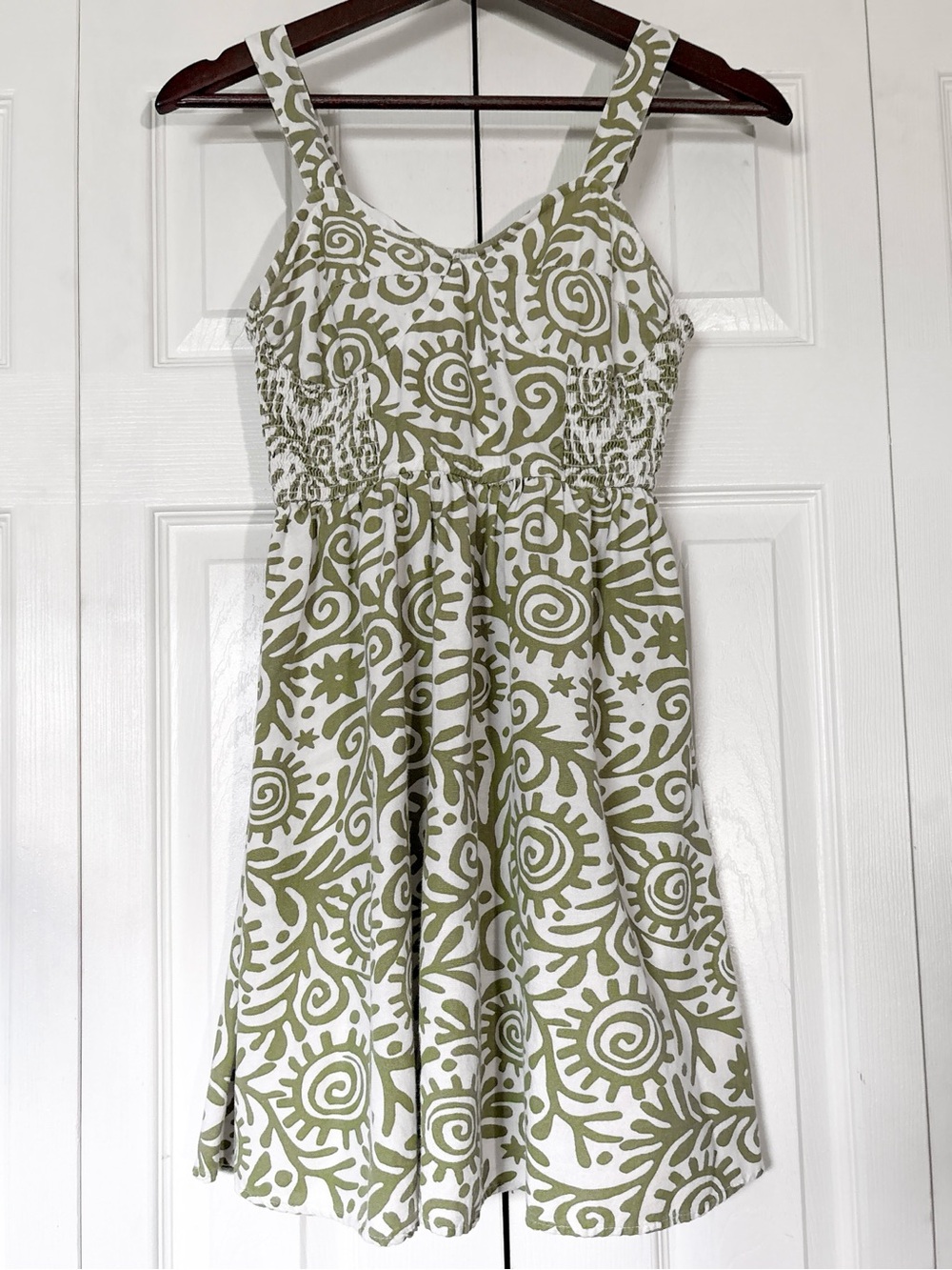Japna Botanical Sun Print Dress Size XS Green & White Sleeveless Sundress